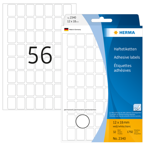 Haftetiketten von Herma, 12 x 18 mm, 32 Stück, permanent, auf Verpackung mit Nummer 2340 und Hinweis auf Herstellung in Deutschland.