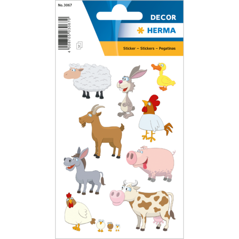 Bunte Tieraufkleber mit Schaf, Ziege, Esel, Huhn, Ente, Schwein und Kuh in cartoonhaftem Stil.