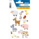 Bunte Tieraufkleber mit Schaf, Ziege, Esel, Huhn, Ente, Schwein und Kuh in cartoonhaftem Stil.