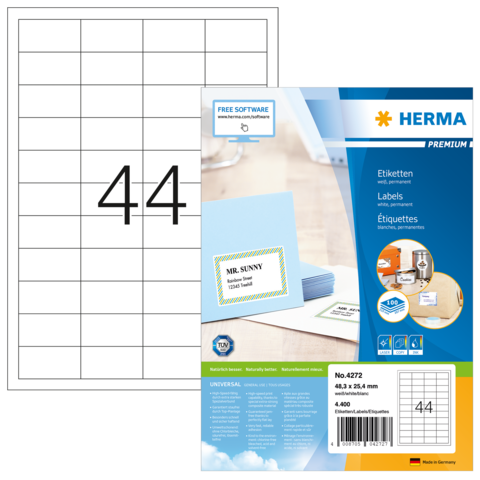 Etikettenpackung von Herma mit 44 vorgestanzten Etiketten. Enthält Informationen zur Software und Anwendung.