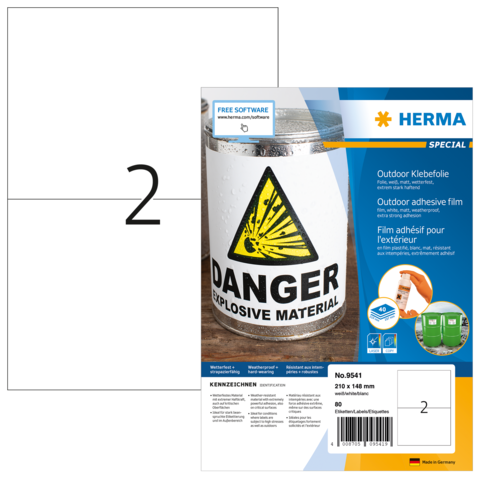 Aufkleber für gefährliche Materialien mit Warnsymbol und Beschreibung. Verpackung von HERMA mit Produktinformationen und Abmessungen.