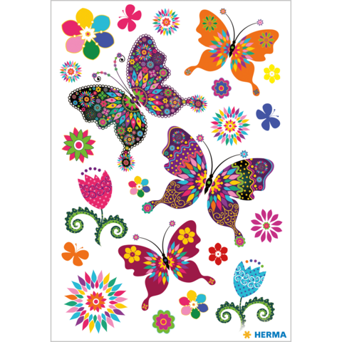 Bunte Aufkleber mit verschiedenen Schmetterlingen, Blumen und dekorativen Mustern in lebhaften Farben.