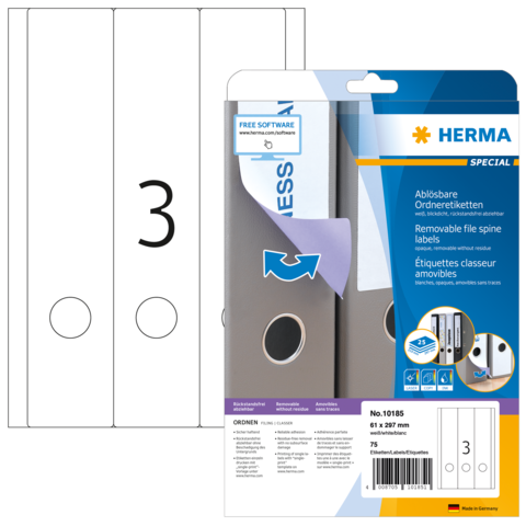 Abziehbare Ordneretiketten von Herma, Packung mit 75 Etiketten, geeignet für die Beschriftung von Ordnern, inklusive Softwarehinweis.