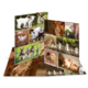 Ein aufgeschlagenes Fotobuch mit Bildern von verschiedenen Tieren, darunter Lämmer, Schweine, Kühe, Hühner und Enten in ländlicher Umgebung.