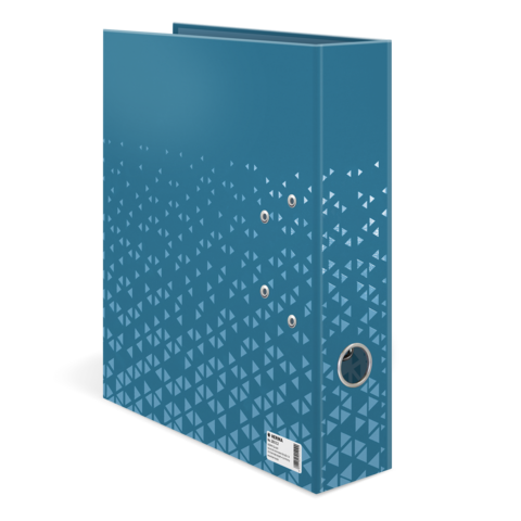 Blauer Ordner mit einem geometrischen Muster aus kleinen Dreiecken, der an der Seite zwei Ringe und eine Etikettierung hat.