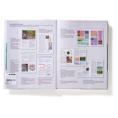 Offene Buchseiten mit Texten und Abbildungen zu verschiedenen Themen, darunter Natur und Wissenschaft. Grafiken und Diagramme sind ebenfalls sichtbar.