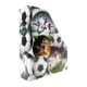 Eine Box mit Fußballmotiven, die Spieler in Aktion zeigt, umgeben von Fußballen und dynamischen Szenen des Spiels.