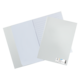 Ein weißer Ordner und ein leeres Blatt Papier liegen auf einem schwarzen Hintergrund. Der Ordner hat eine Klappe und eine innere liniierte Seite.