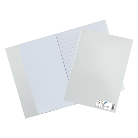 Ein weißer Ordner und ein leeres Blatt Papier liegen auf einem schwarzen Hintergrund. Der Ordner hat eine Klappe und eine innere liniierte Seite.
