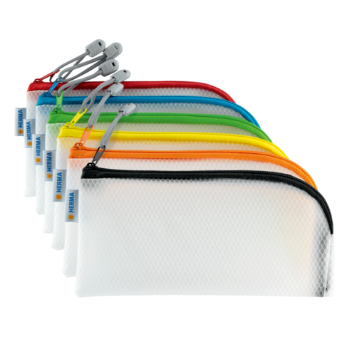 Bunte Federmäppchen in verschiedenen Farben, angeordnet in einer Reihe, mit Reißverschlüssen und einem transparenten Material.