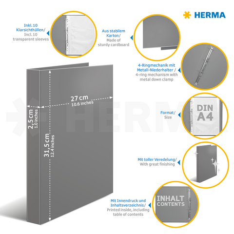 Grauer Ordner mit 4-Ringmechanik, DIN A4, inklusive 10 Klarsichthüllen, stabiler Karton, gedruckte Innenseite mit Inhaltsverzeichnis.