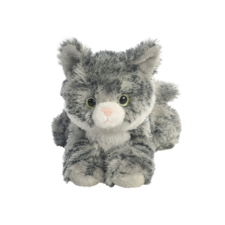 Plüschkatze mit grauem Fell, großen Augen und einem süßen Gesichtsausdruck, sitzt aufrecht und hat einen buschigen Schwanz.