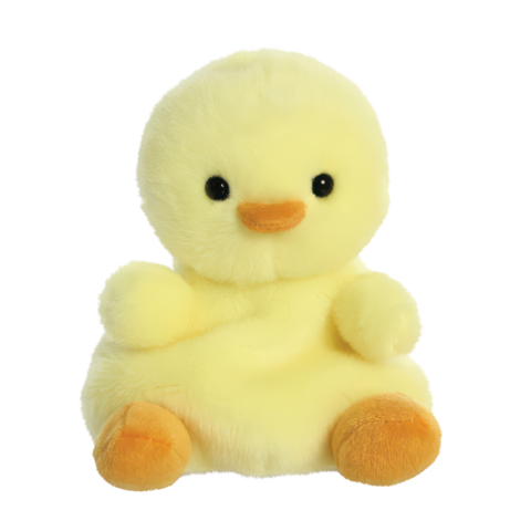 Ein gelbes, plüschiges Entchen mit runden Augen und einem orangefarbenen Schnabel, das aufrecht sitzt.