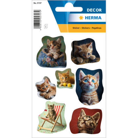 Aufkleber mit verschiedenen Katzenmotiven, darunter sitzende und spielende Kätzchen in unterschiedlichen Posen und Farben.