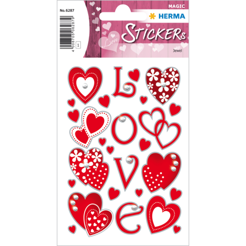 Rote Herzaufkleber und Buchstaben, die "LOVE" bilden, auf einem Stickerbogen. Enthält verschiedene Herzdesigns und Blumenmuster.