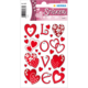 Rote Herzaufkleber und Buchstaben, die "LOVE" bilden, auf einem Stickerbogen. Enthält verschiedene Herzdesigns und Blumenmuster.
