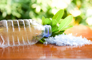 Eine leere Plastikflasche liegt neben frischen Blättern und zerknülltem Plastikmüll auf einer Holzoberfläche.