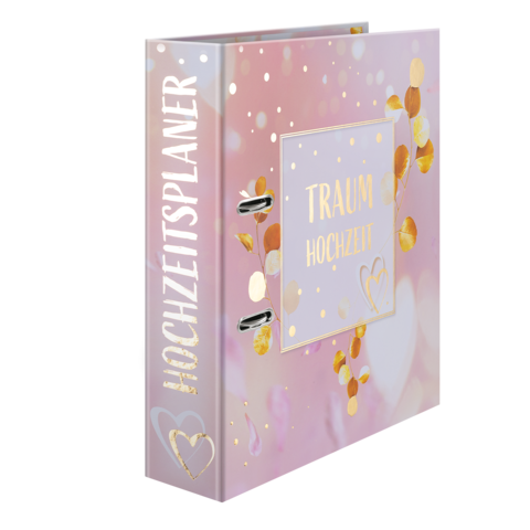 Hochzeitsplaner-Ordner mit dem Titel "Traum Hochzeit" und goldenen Akzenten auf einem pastellfarbenen Hintergrund.