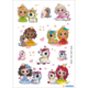 Bunte Aufkleber mit vier Prinzessinnen in verschiedenen Kleidern, die jeweils ein Einhorn oder Pony begleiten. Sterne und Herzen im Hintergrund.
