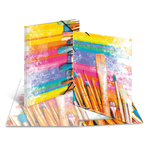 Bunte Mappen mit Pinselmotiven und farbigen Streifen, die künstlerisches Material repräsentieren.