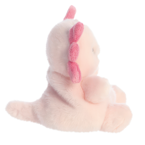 Plüschfigur eines rosa Einhorns mit rosa Mähne, sitzend und von der Seite betrachtet.