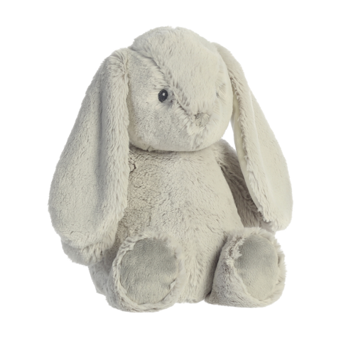Kuschelhase mit langen Ohren und weichem, grauem Fell, sitzt aufrecht mit einem runden Körper und einem freundlichen Gesichtsausdruck.