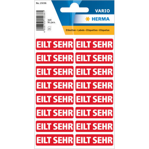 Rote Etiketten mit dem Text "EILT SEHR" in weißer Schrift, verpackt in einem Blister mit 320 Stück.