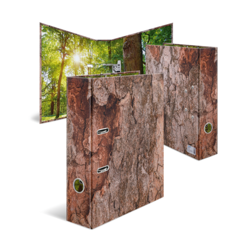 Ordner mit Baumrinde-Design, geöffnet und geschlossen, zeigt eine natürliche Holzoptik. Ideal für Büro oder Zuhause.