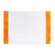 Leeres Notizbuch mit orangefarbenem, hexagonalen Muster auf den Rändern. Die Innenseiten sind weiß und unbeschrieben.