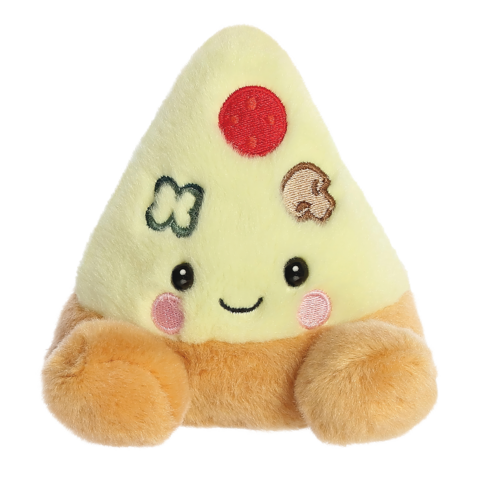 Kuscheltier in Form eines dreieckigen Stücks Kuchen mit einem lächelnden Gesicht, bunten Aufklebern und einem braunen Boden.