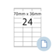 Etikettenlayout mit den Abmessungen 70 mm x 36 mm und 24 Etiketten pro Blatt.
