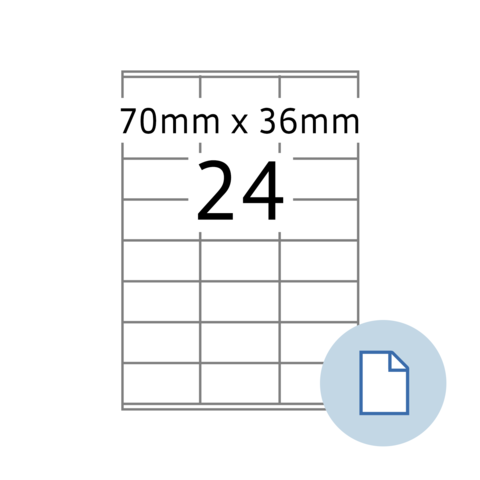 Etikettenlayout mit den Abmessungen 70 mm x 36 mm und 24 Etiketten pro Blatt.