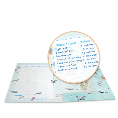 Ein Notizbuch mit einem Themenbereich, der verschiedene Aktivitäten auflistet, darunter „Tiger im Zoo“ und „Besuch bei Oma“, sowie entsprechende Daten.