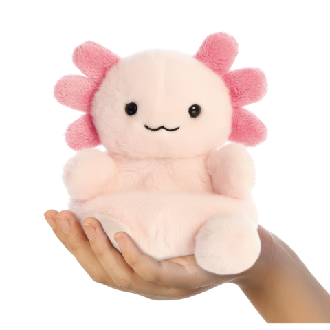 Ein rosa Plüschaxolotl mit einem lächelnden Gesicht und rosa Kiemen sitzt in einer Hand.