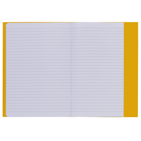 Offenes Notizbuch mit linierten Seiten und gelbem Umschlag. Die Seiten sind leer und bereit zum Beschreiben oder Notieren.