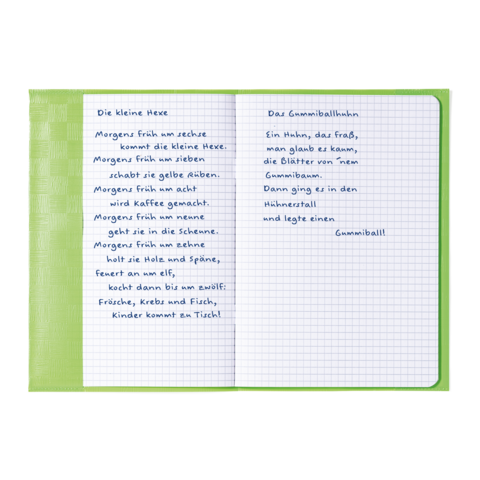 Zwei Seiten eines Notizbuchs mit handgeschriebenen Texten. Links steht "Die kleine Hexe", rechts "Der Gummiballhahn".