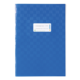 Blaues Heft mit einem weißen Etikett auf der Vorderseite, das Platz für eine Beschriftung bietet.