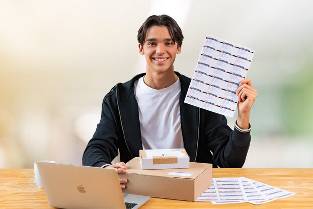 Junger Mann sitzt an einem Tisch mit einem Laptop und hält ein Blatt mit Aufklebern in der Hand.