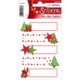 Weihnachtliche Aufkleber mit Tannenbäumen, Geschenken, Sternen und einem Rentier auf einem dekorativen Hintergrund.