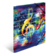 Bunte Noten und musikalische Symbole auf einem abstrakten Hintergrund aus Farben und Linien.