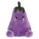 Lila, kuschelige Aubergine mit einem lächelnden Gesicht und grünen Blättern oben. Weiche, runde Formen und freundlicher Ausdruck.