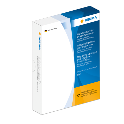 Herkömmliche Haftetiketten für Druckmaschinen in einer Verpackung von HERMA. Enthält Informationen zu Verwendung und Eigenschaften.