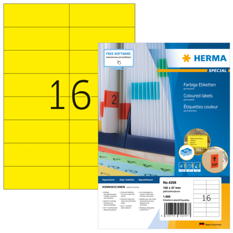 Gelbe Etiketten mit der Nummer 16, verpackt in einer Herma Box, die Informationen zu farbigen Etiketten enthält.