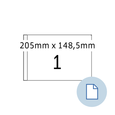 Maßangaben für ein Dokument: 205 mm x 148,5 mm, mit der Zahl 1 und einem Symbol für ein Dokument.