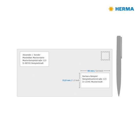 Briefbeschreibung einer Postkarte mit Absender- und Empfängerdaten sowie Maßen für Adressfelder und einen Briefmarkenbereich.