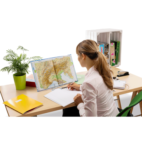 Eine Person sitzt an einem Schreibtisch, betrachtet eine Landkarte und macht Notizen in ein Notizbuch. Pflanzen und Ordner sind sichtbar.