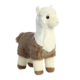 Plüsch-Lama mit braunem und weißem Fell, stehend aufrecht mit einem freundlichen Gesichtsausdruck.