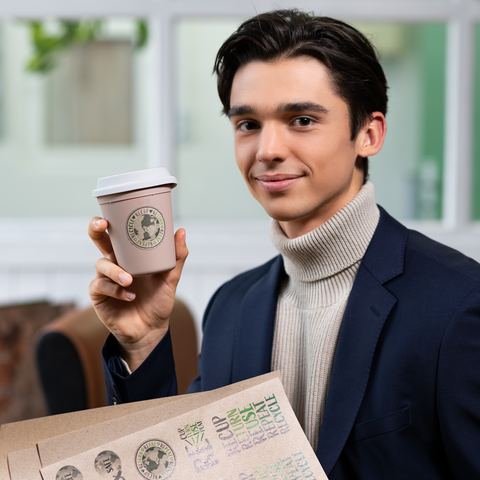 Junger Mann in einem eleganten Outfit hält einen Kaffeebecher in der Hand und lächelt. Im Hintergrund sind Möbel und Fenster sichtbar.