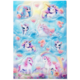 Bunte Aufkleber mit Einhörnern, Herzen und Wolken in pastellfarbenem Design. Verschiedene Einhorn-Posen und -Gesichter sind abgebildet.
