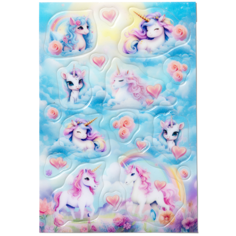 Bunte Aufkleber mit Einhörnern, Herzen und Wolken in pastellfarbenem Design. Verschiedene Einhorn-Posen und -Gesichter sind abgebildet.